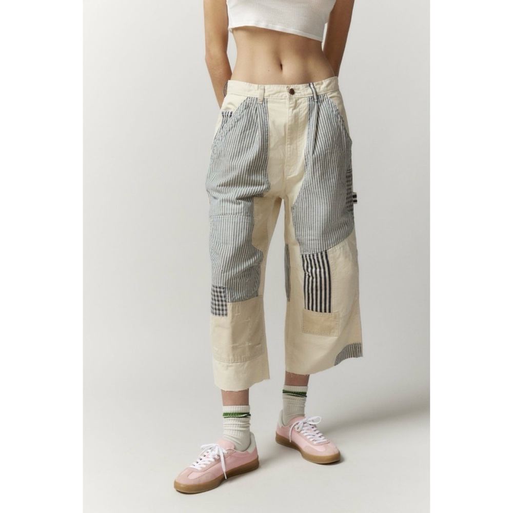Striped Patchwork Cropped Carpenter Pants